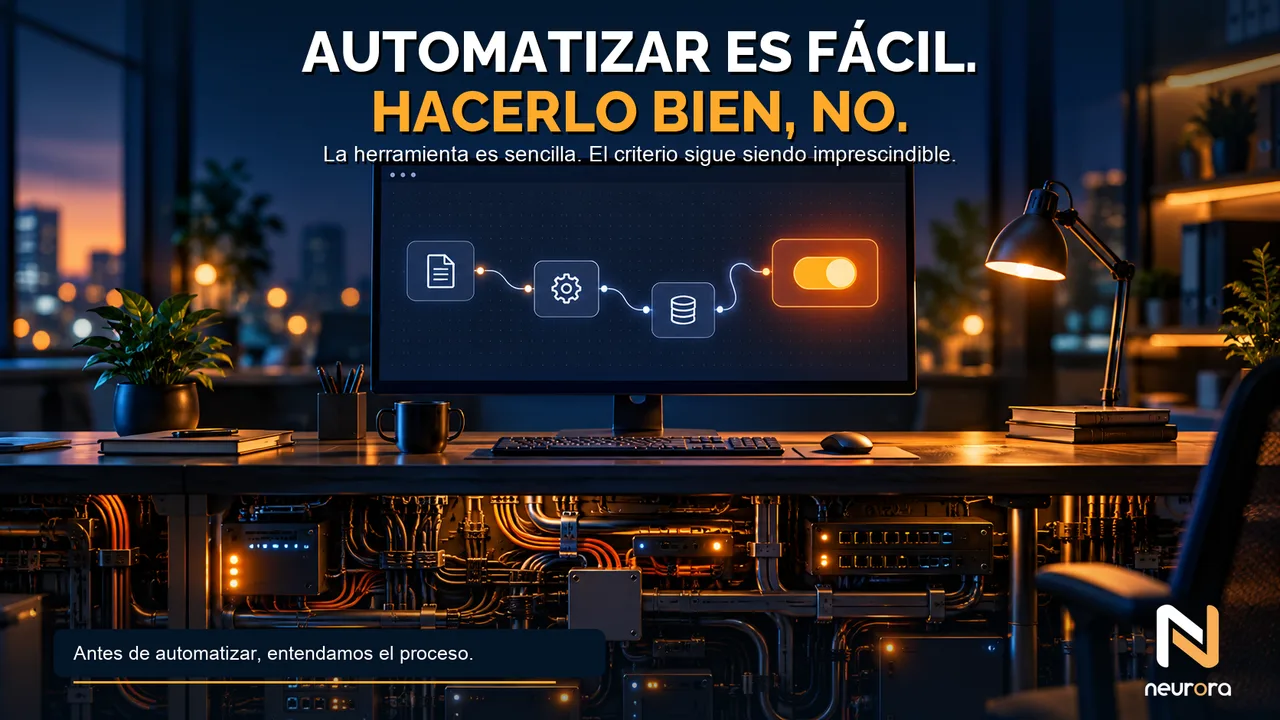 Una pantalla muestra un flujo de automatización sencillo mientras una red de conexiones y equipos bajo el escritorio revela su complejidad oculta.