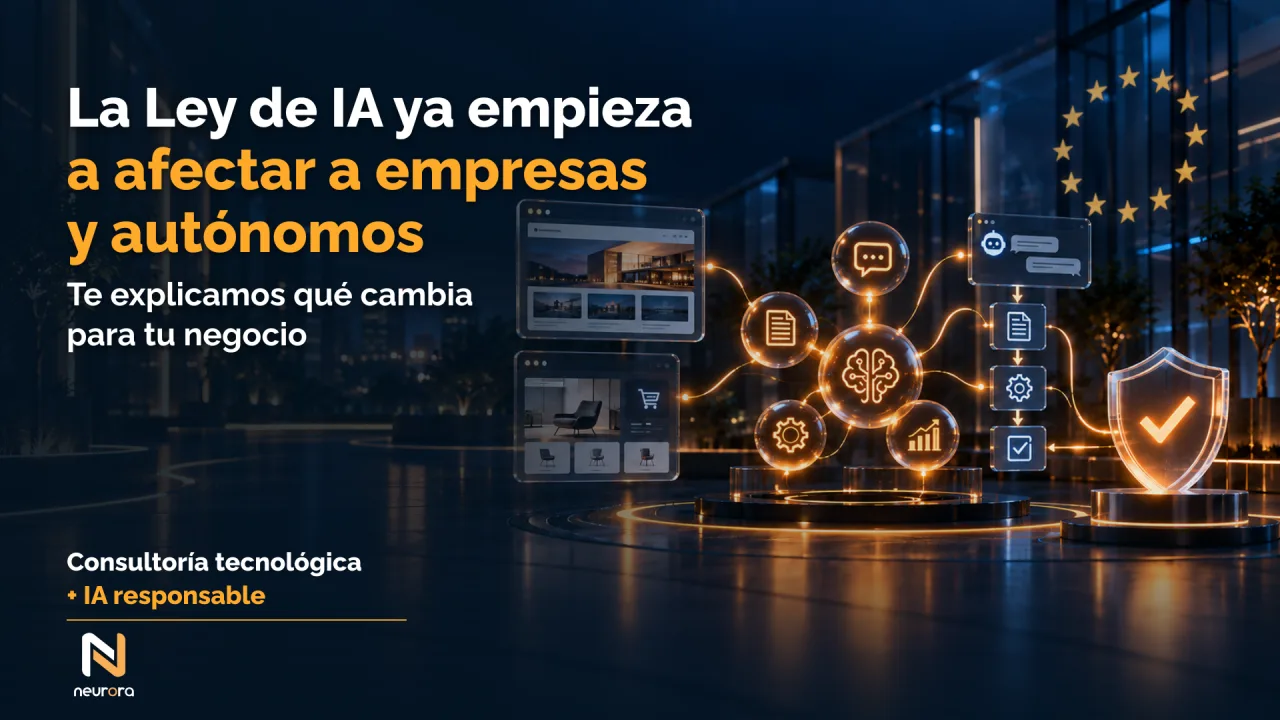 Ilustración de portada sobre la Ley de IA para empresas y autónomos, con sistemas de IA conectados, símbolos de la Unión Europea y un escudo con marca de verificación.