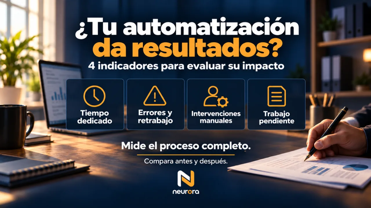 Infografía con cuatro indicadores para evaluar una automatización: tiempo dedicado, errores y retrabajo, intervenciones manuales y trabajo pendiente.